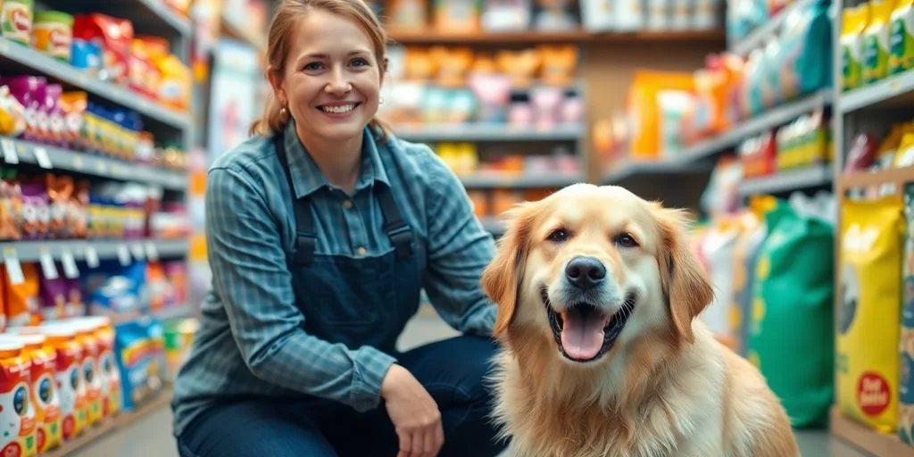 Pet supplies store owner with a happy dog.