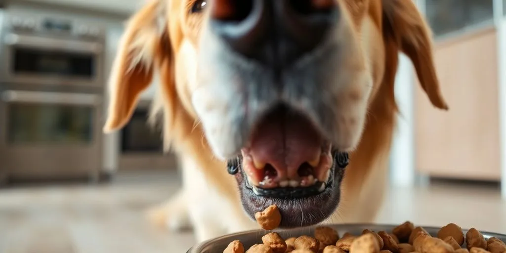 Happy senior dog eating from a bowl.