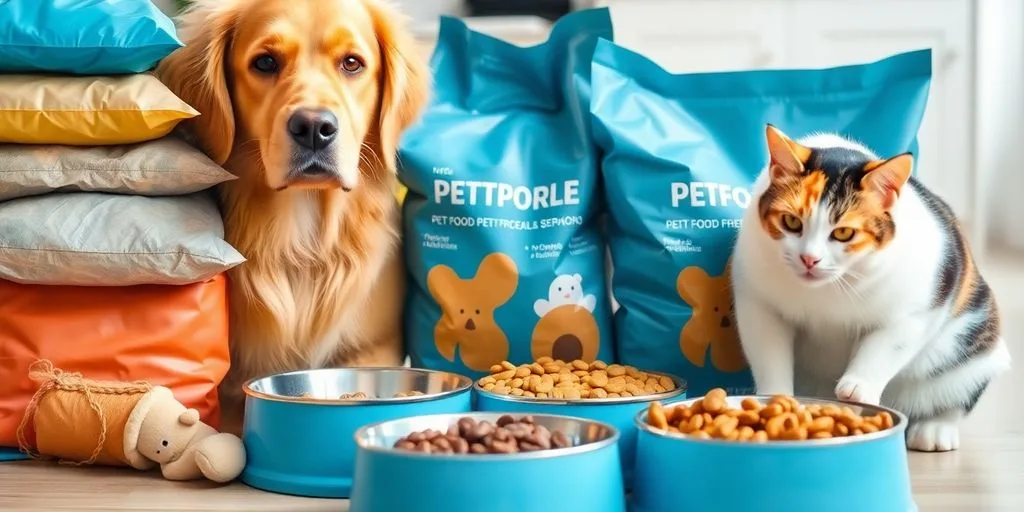 Pet food bags and bowls, happy pets.