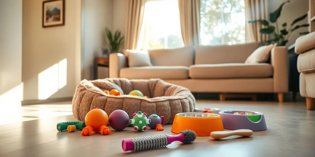 Pet supplies scattered on living room floor