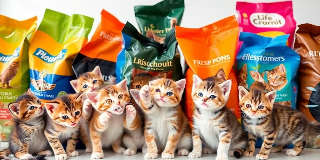 Colorful cat food bags, playful kittens