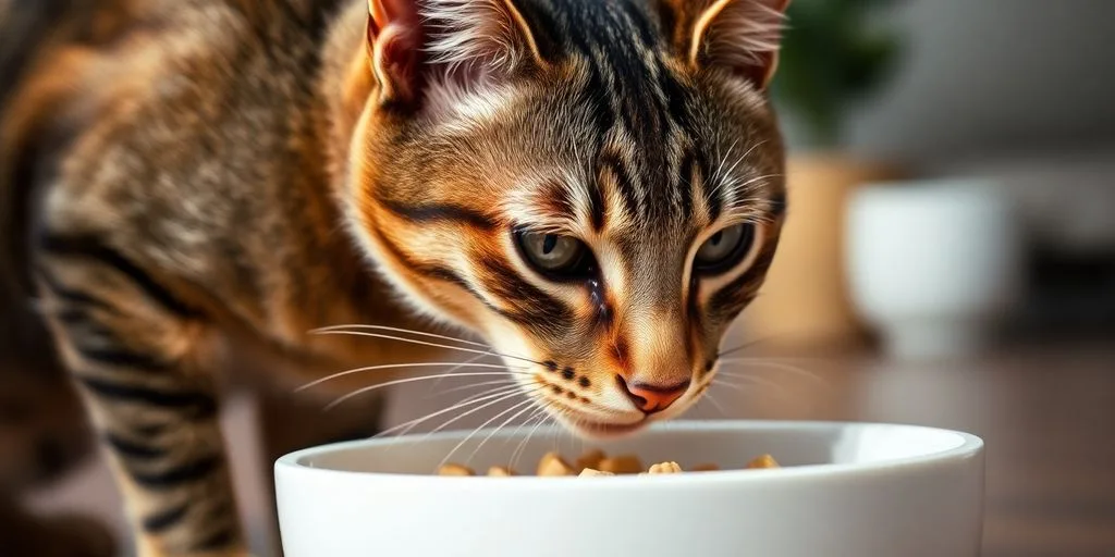 Cat eating, food bowl close-up.