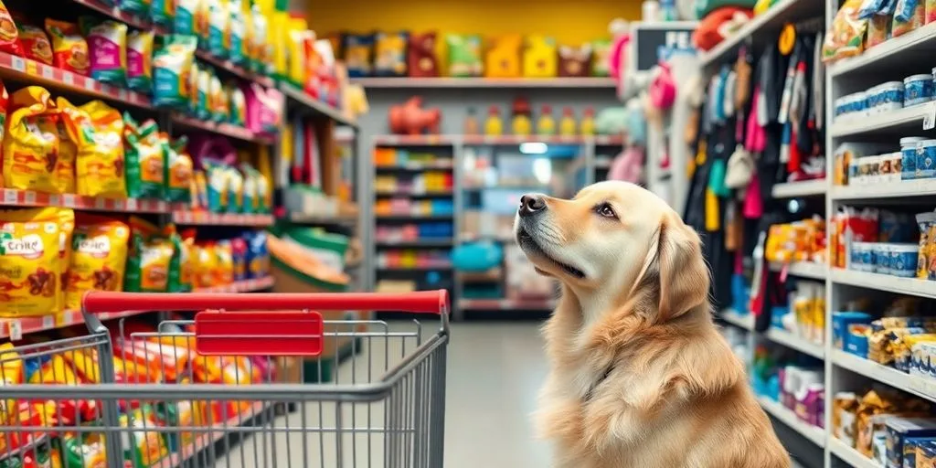 Pet supplies store interior with diverse products