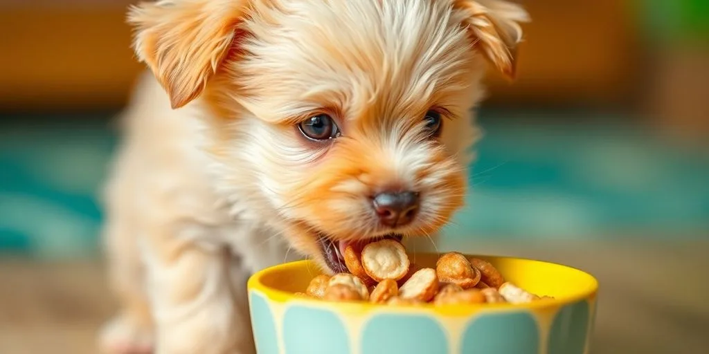 Puppy eating from a bowl, indoors.