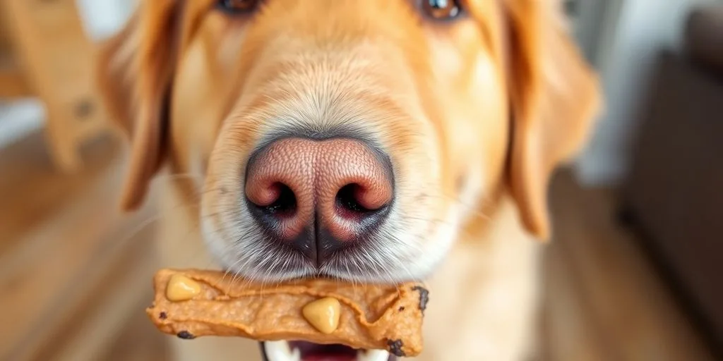 Happy dog eating a healthy treat.