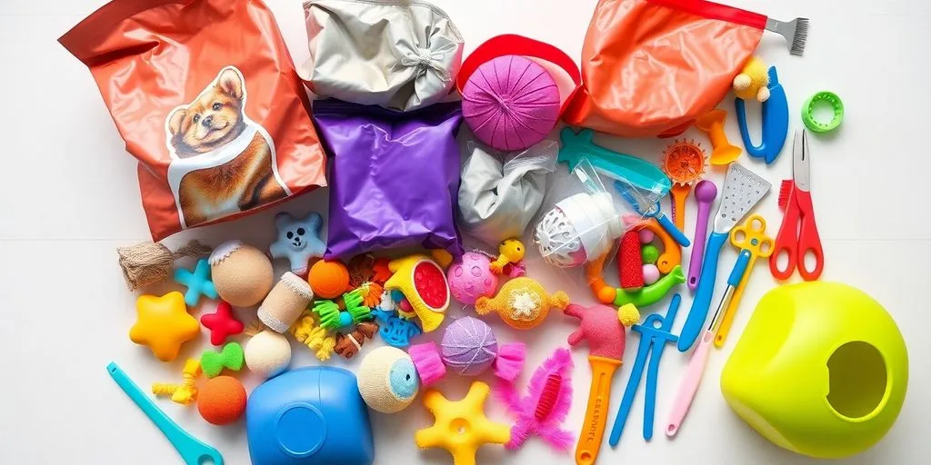 A variety of colorful pet supplies.