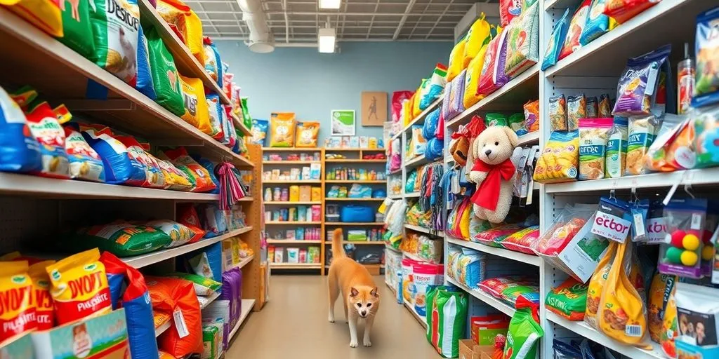Pet supplies store interior, various pet products displayed.