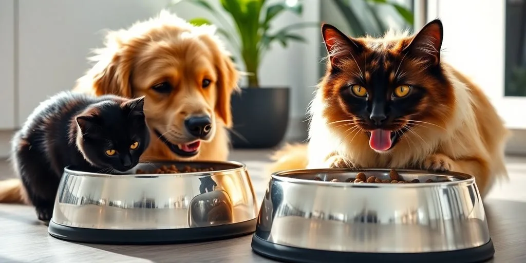 Happy dog and cat eating healthy food bowls.