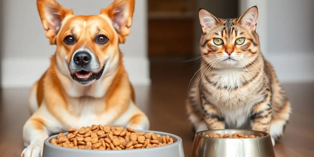 Dog and cat looking happy with new food bowls.