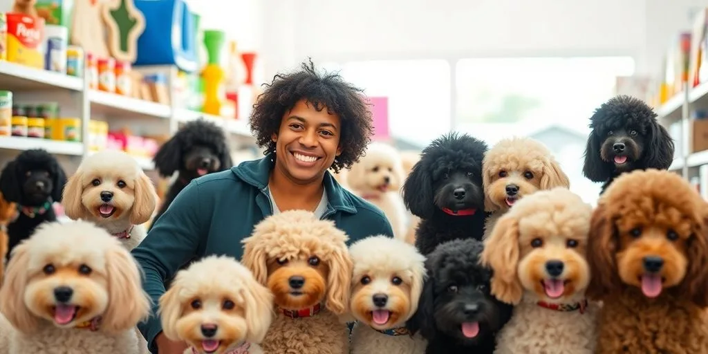 Two founders smiling with poodles.