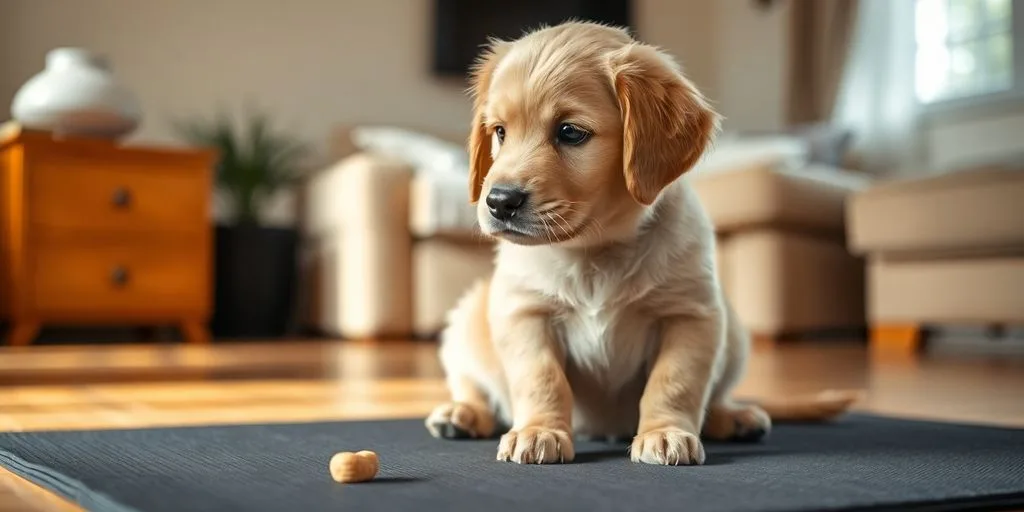 Puppy sitting obediently by a treat.