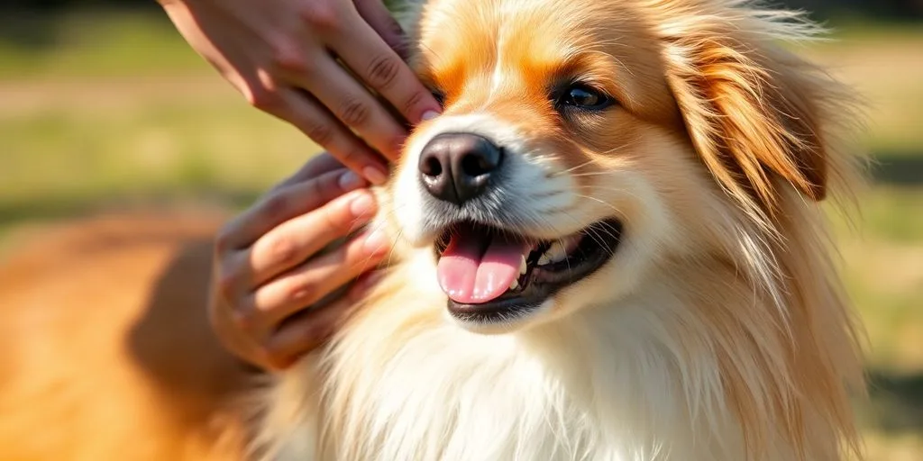 Owner gently brushing fluffy dog's coat outdoors.