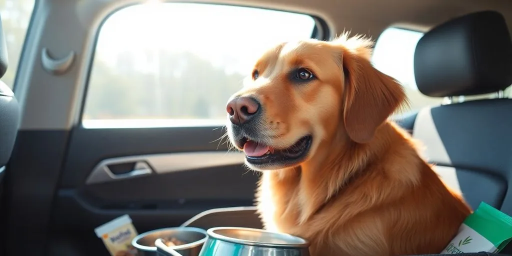 Happy dog in car, ready for travel.