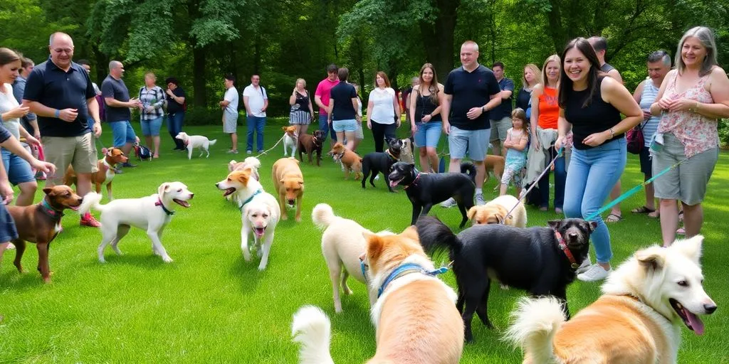 Happy pets and people at outdoor community event.