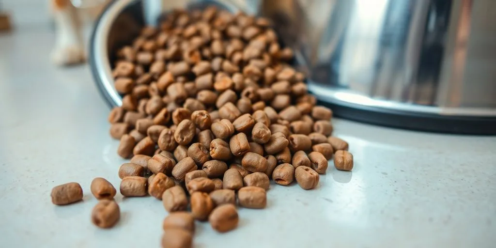 Dry kibble spilling from a bowl.