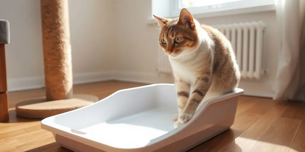 Cat entering clean litter box beside scratching post, sunlit room