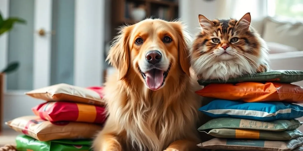 Happy dog and cat with bags of pet food.