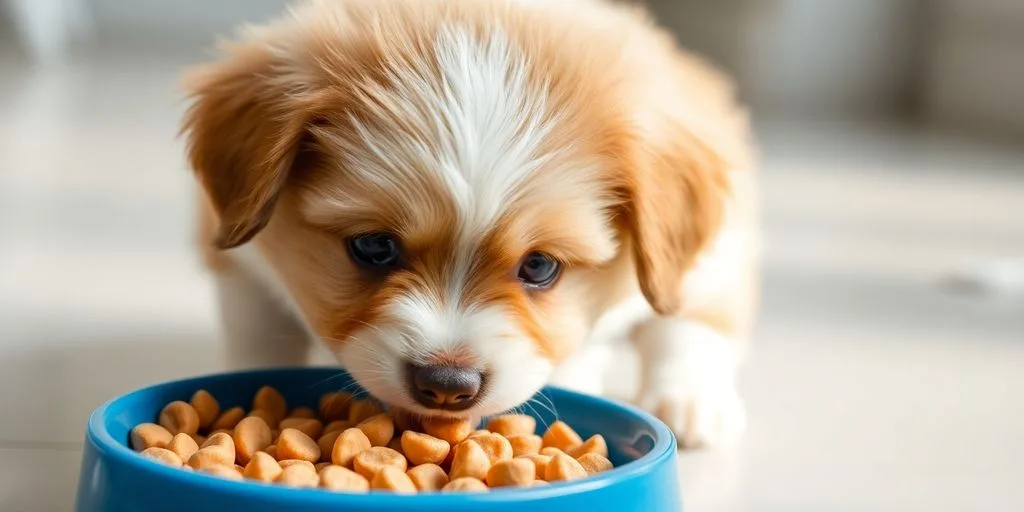 Happy puppy eating kibble from a bowl.