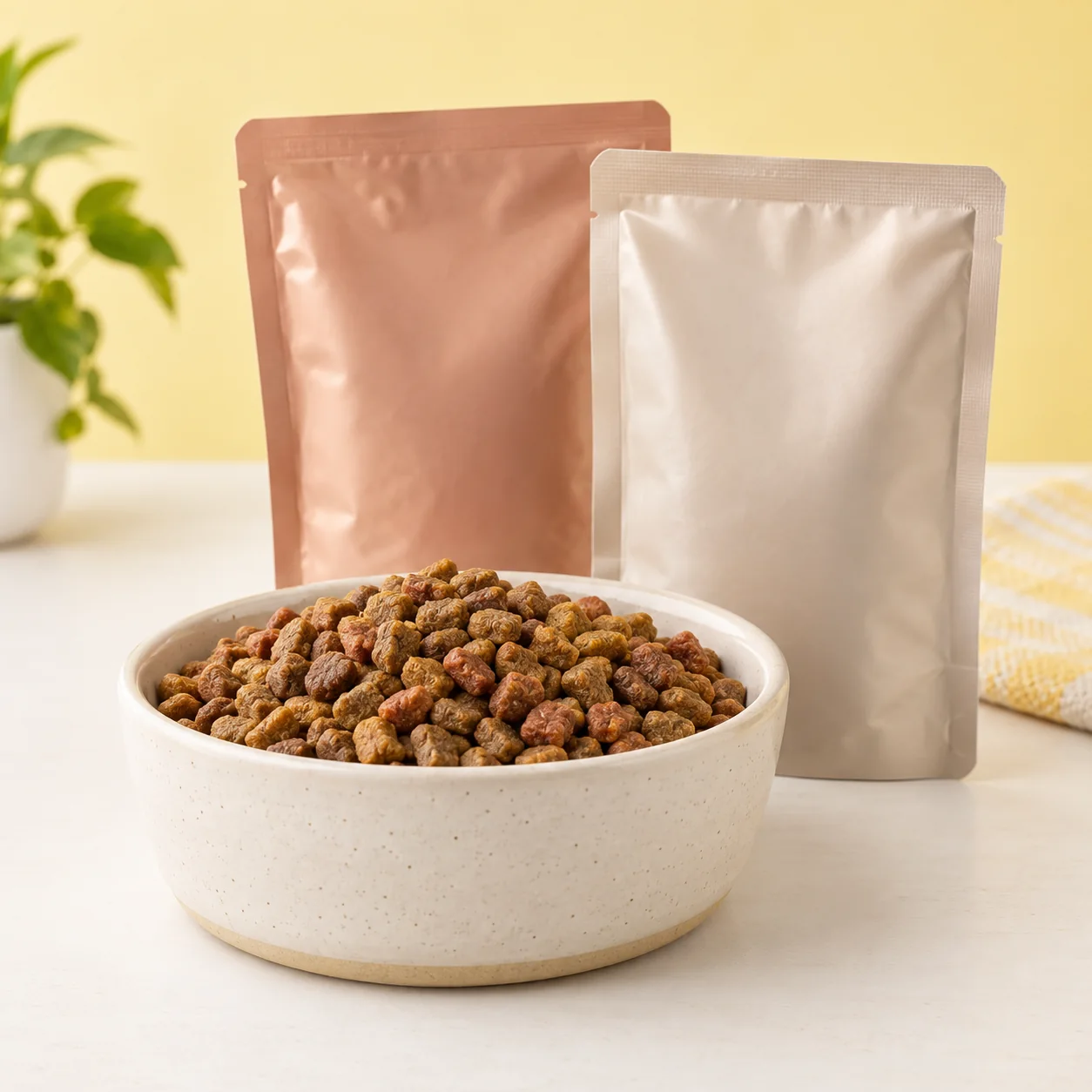 A bowl of cat food with unbranded food pouches
