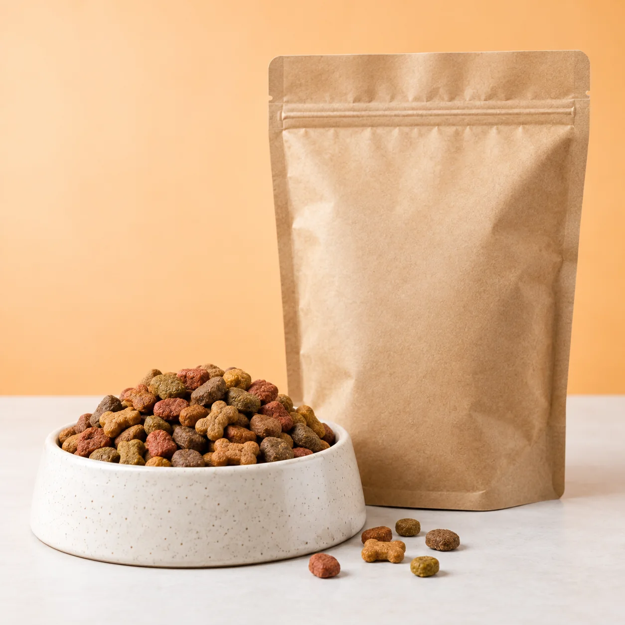 A bowl of dog kibble beside an unbranded food pouch