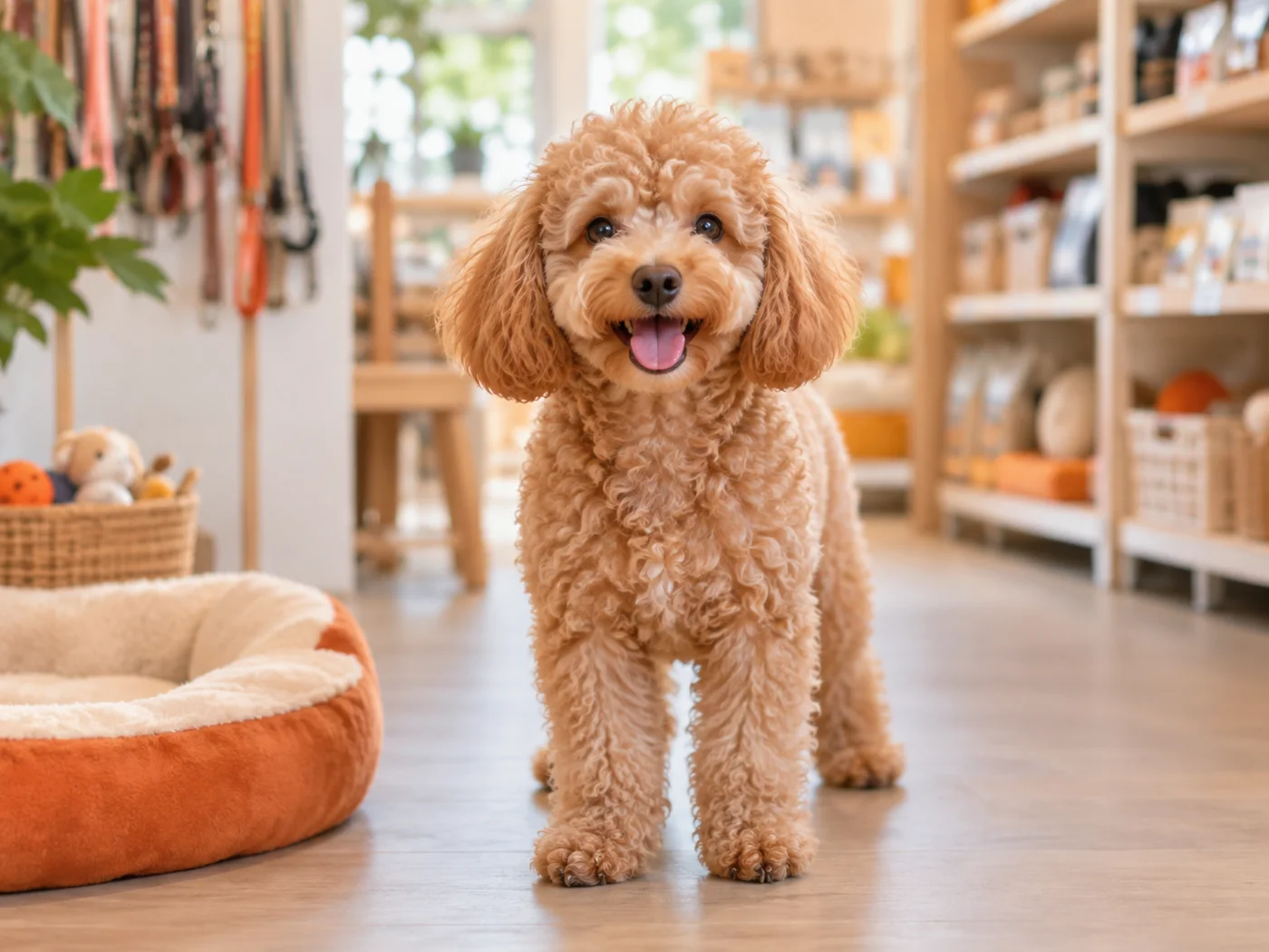 A cheerful curly-haired poodle inside a pet shop
