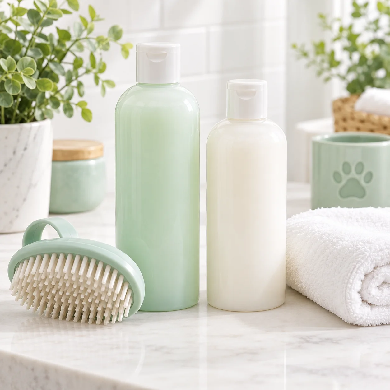 Unbranded pet shampoo bottles with a grooming brush