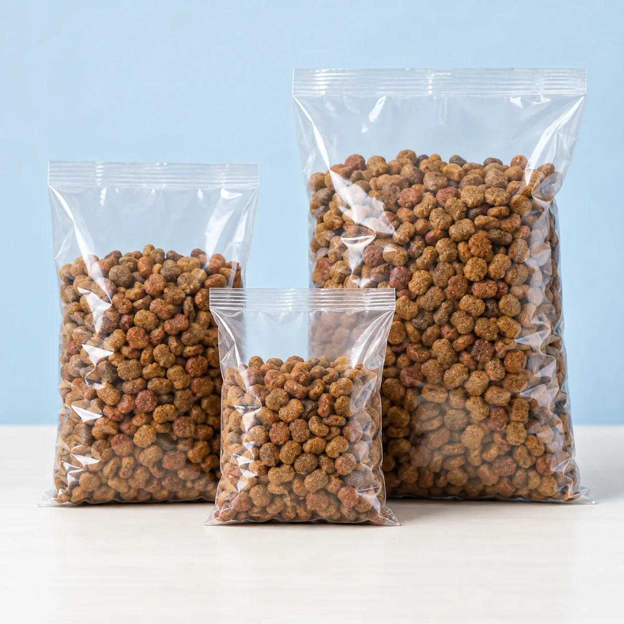 Three sealed transparent bags of repacked kibble